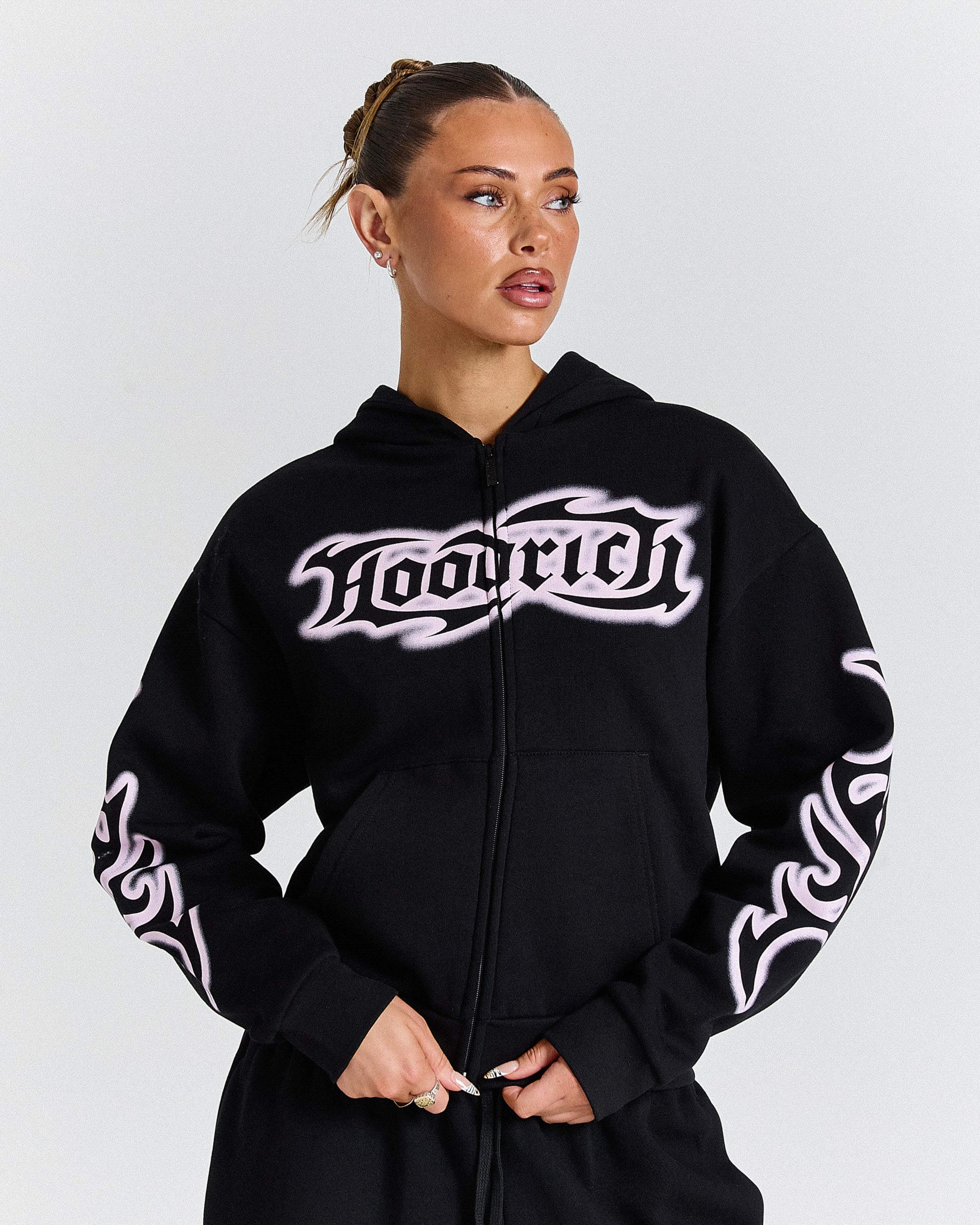 Asha Mid Length Zip Hoodie - Black/Pink