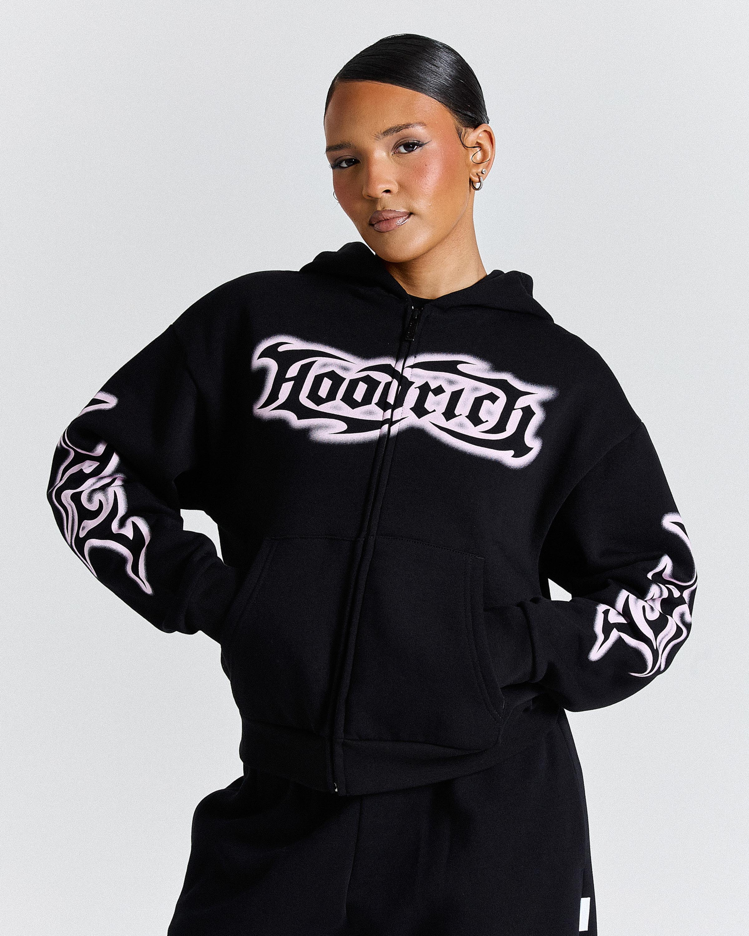 Asha Mid Length Zip Hoodie - Black/Pink - Image 2
