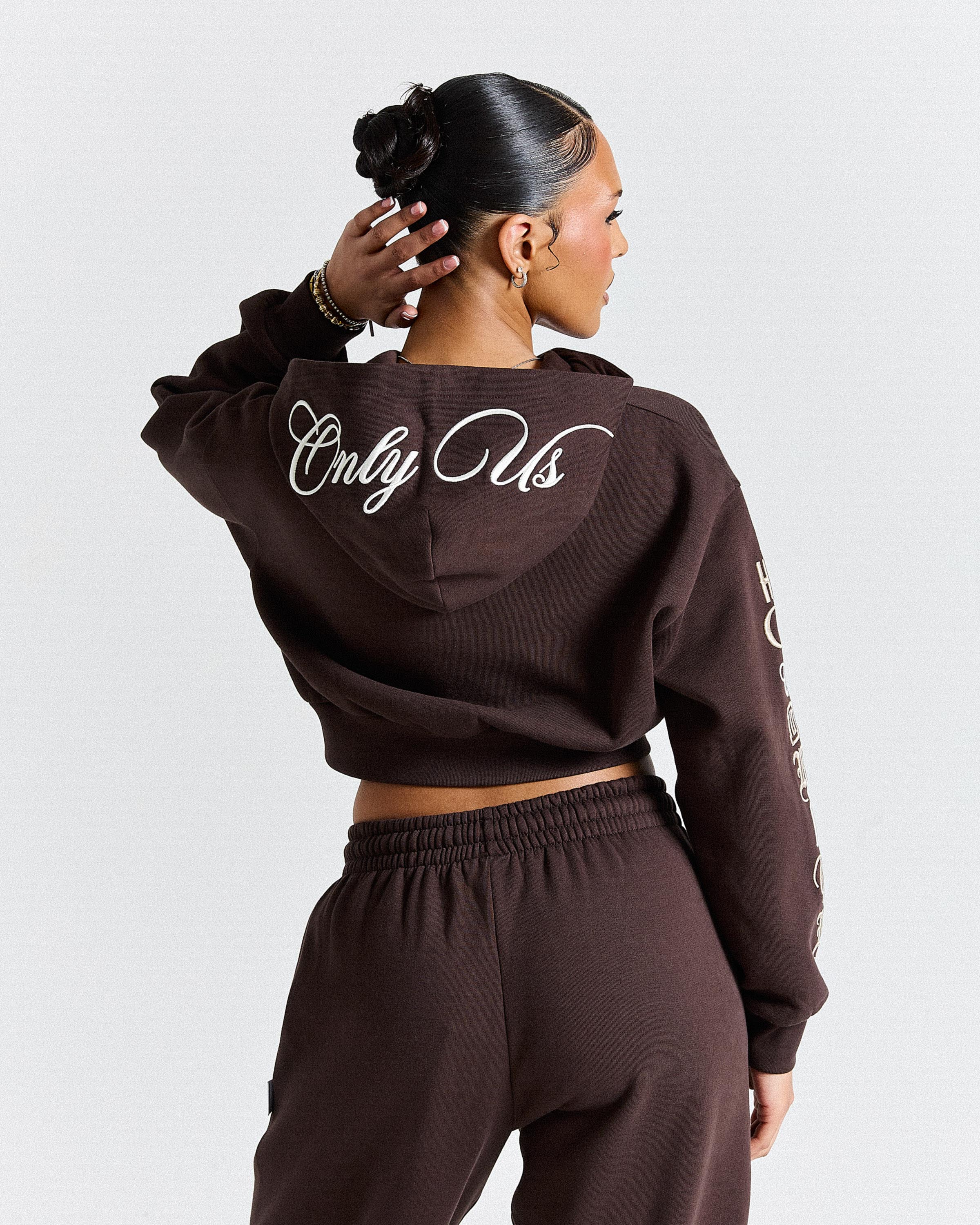 Calor Cropped Zip Hoodie - Brown/White - Image 2