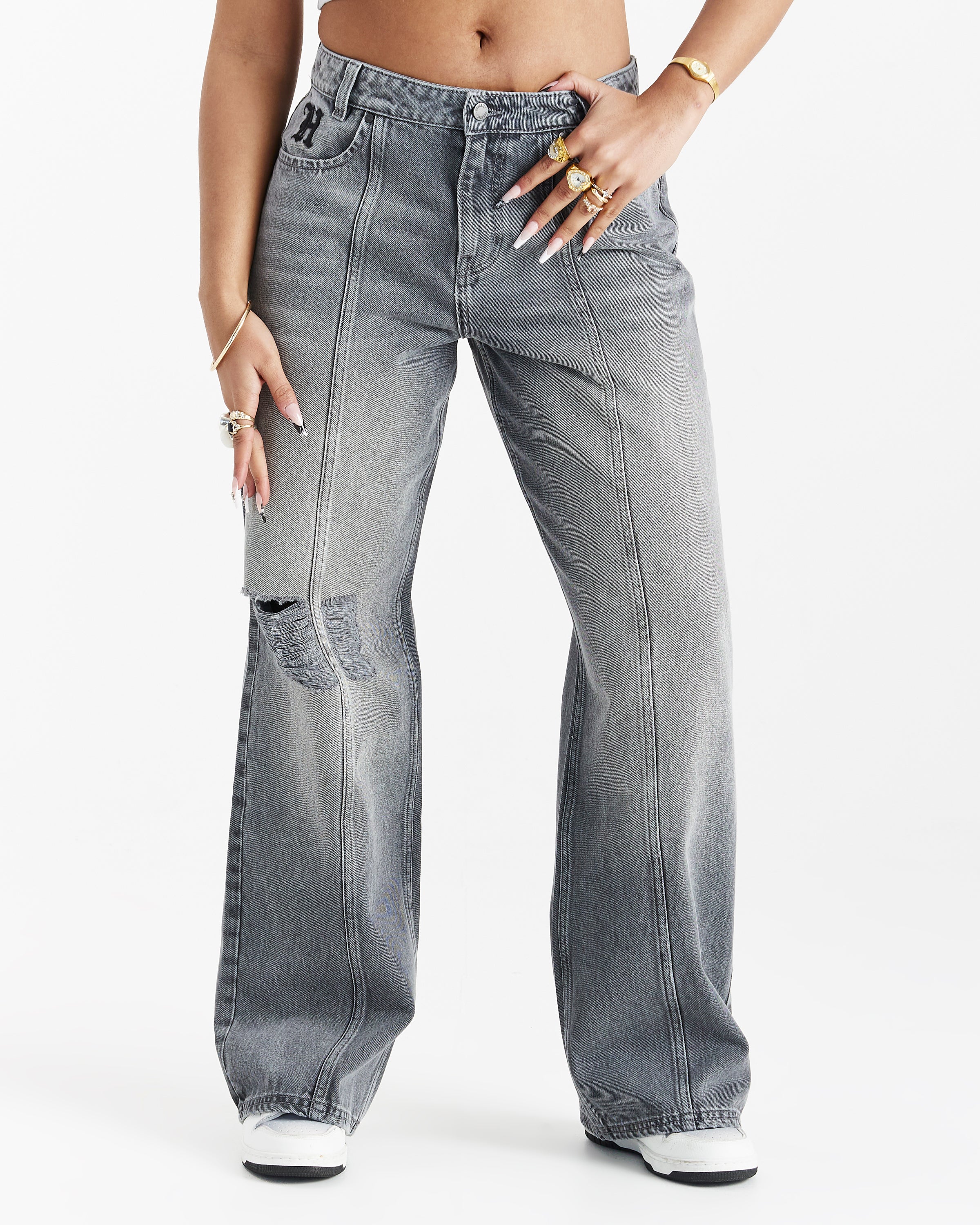 Distressed Gothic Wide Leg Jeans - Grey Wash - Image 4