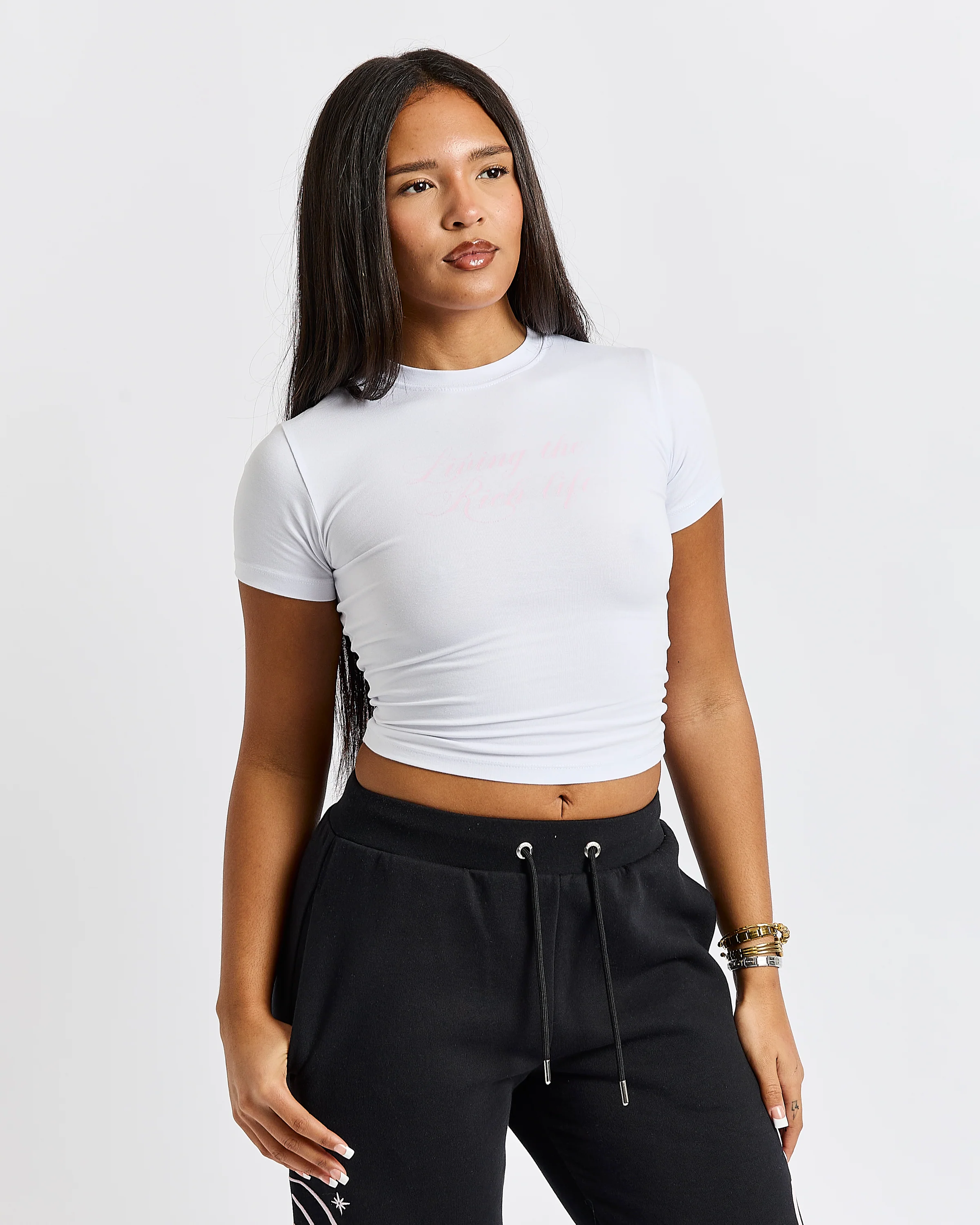 Living The Rich Fitted Tee - White/Pink - Image 5
