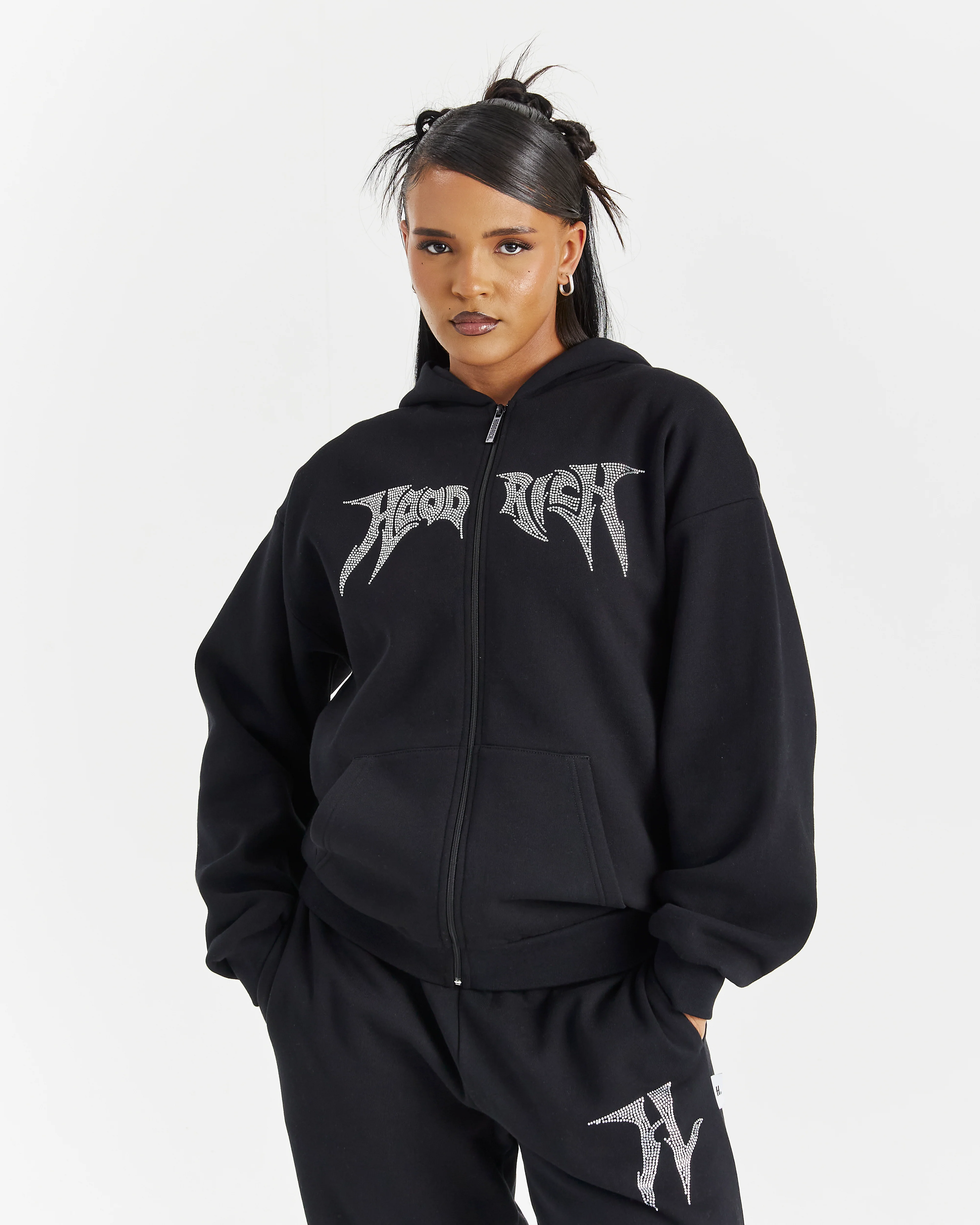 Lustre Oversized Zip Hoodie - Black/Rhinestone