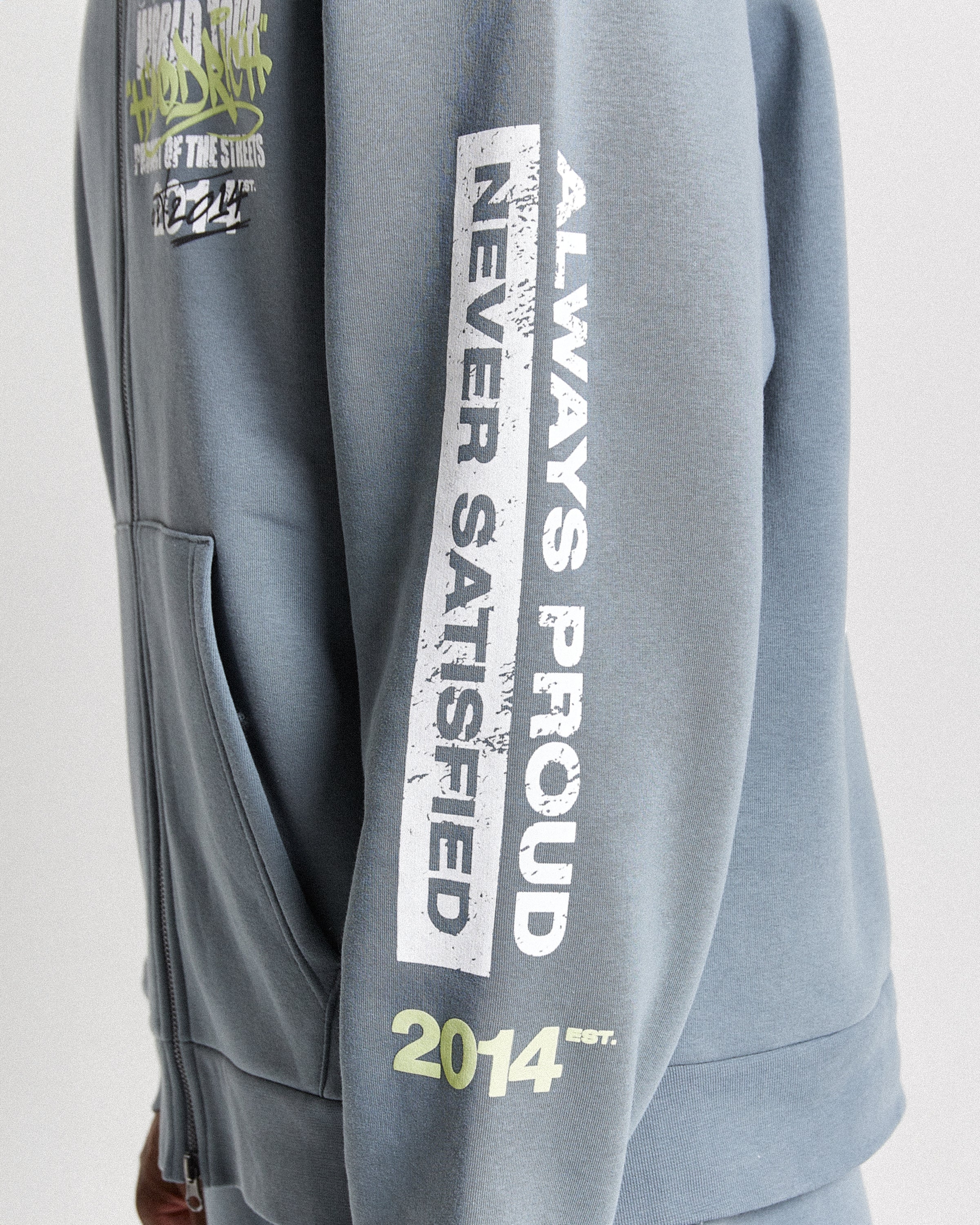 Stamp Tour Oversized Zip Hoodie - Grey/White/Lime - Image 5