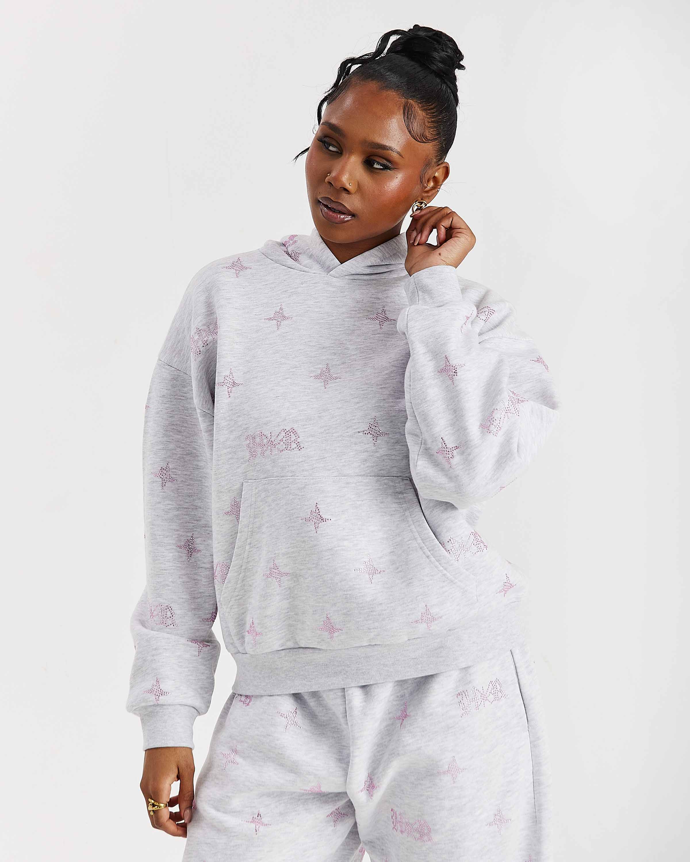 Razor Mid Length Hoodie - Light Grey/Rhinestone - Image 7